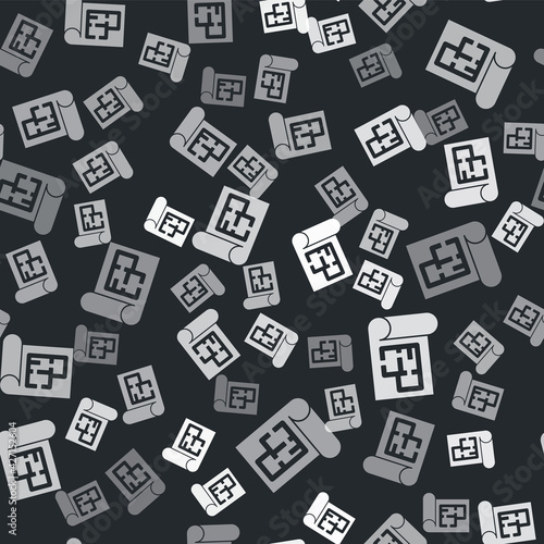Grey House plan icon isolated seamless pattern on black background. Vector