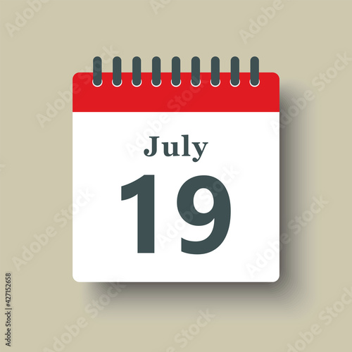 Icon day date 19 July, template calendar page
