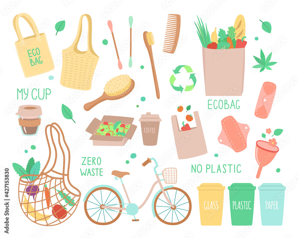 Vector set of objects on the topic of ecology, zero waste durable and reusable items or products - eco bags, craft packaging, eco cotton swabs, comb, toothbrush and brushes, natural hygiene products