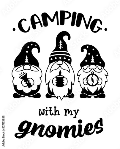 Gnomes with quote: Camping with my gnomies. Travel symbol, cute family emblem for vacation. Vector silhouettes.