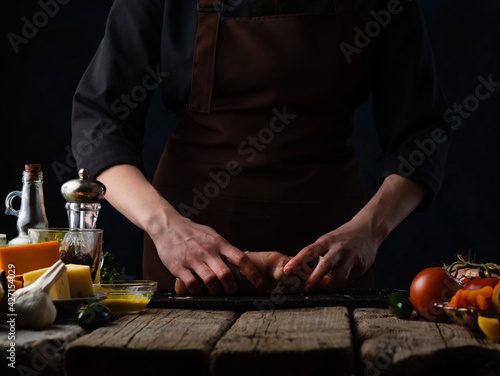 Chef Prepares Roll Chicken Meat Recipes Cheese Dried Fruits Vegetables Background Culinary Illustration for food book