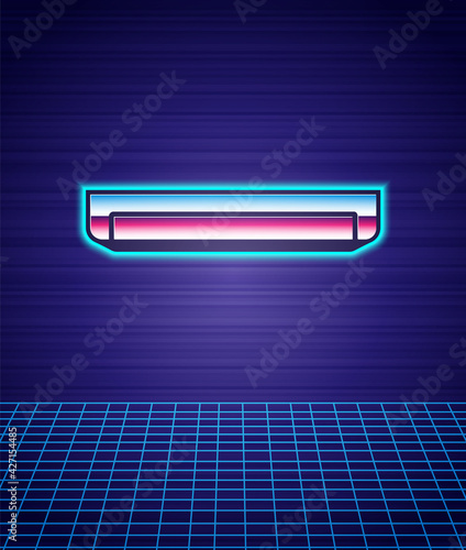 Retro style Long luminescence fluorescent energy saving lamp icon isolated futuristic landscape background. 80s fashion party. Vector