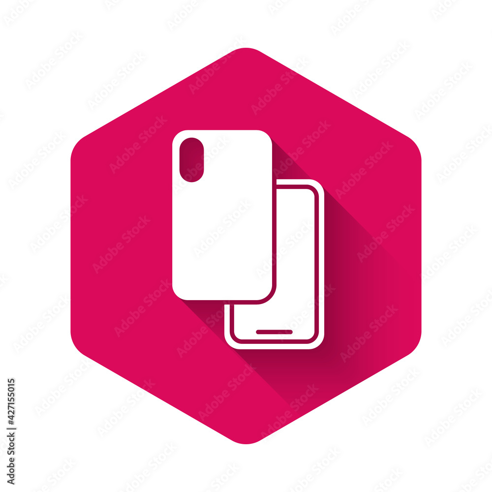 White Smartphone, mobile phone icon isolated with long shadow background. Pink hexagon button. Vector White Smartphone, mobile phone icon isolated with long shadow background. Pink hexagon button. Vector