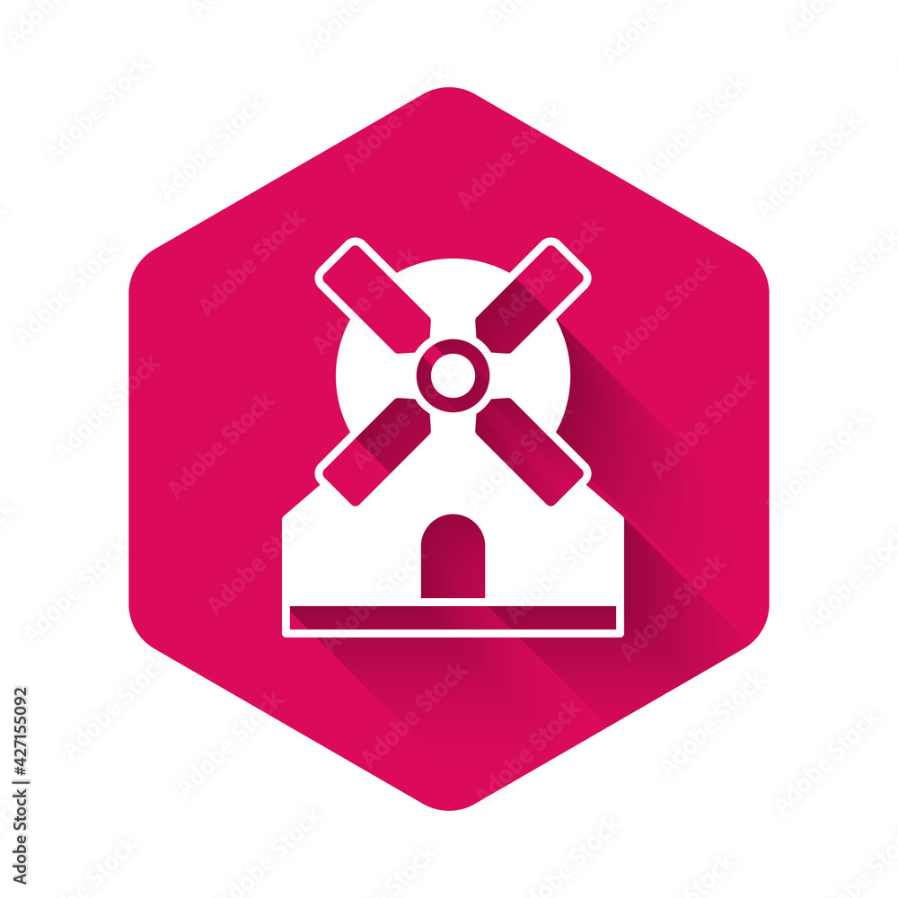 White Windmill icon isolated with long shadow background. Pink hexagon button. Vector White Windmill icon isolated with long shadow background. Pink hexagon button. Vector