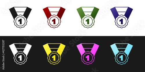 Set Dog award symbol icon isolated on black and white background. Medal with dog footprint as pets exhibition winner concept. Vector