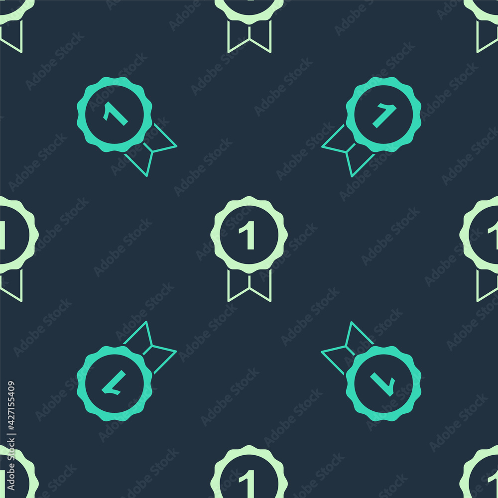 Fototapeta premium Green and beige Dog award symbol icon isolated seamless pattern on blue background. Medal with dog footprint as pets exhibition winner concept. Vector