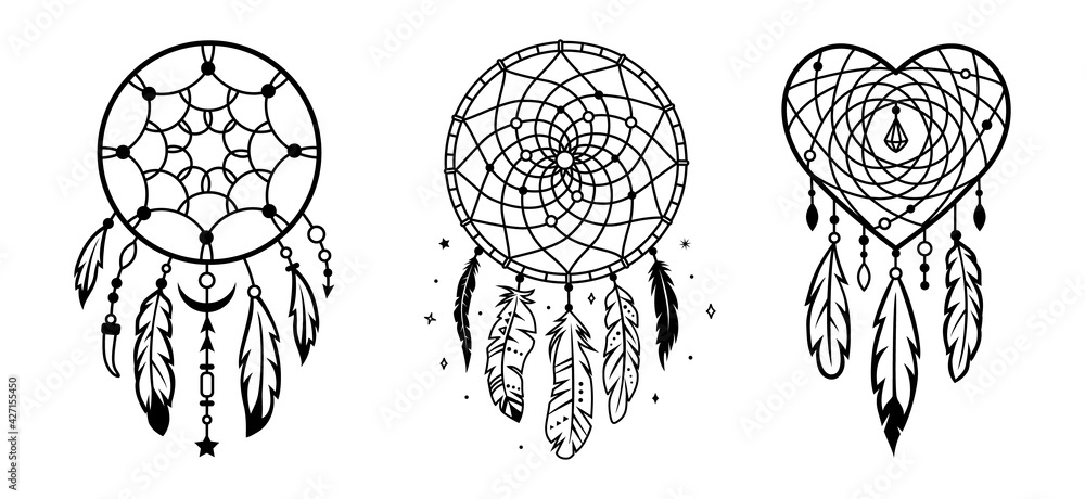 set-of-dream-catcher-designs-tribal-indian-symbol-ethnic-vector-illustration-dreamcatchers-silhouette-boho-style-print-outline-sign-threads-beads-and-feathers-native-american-design-stock-vector-adobe-stock