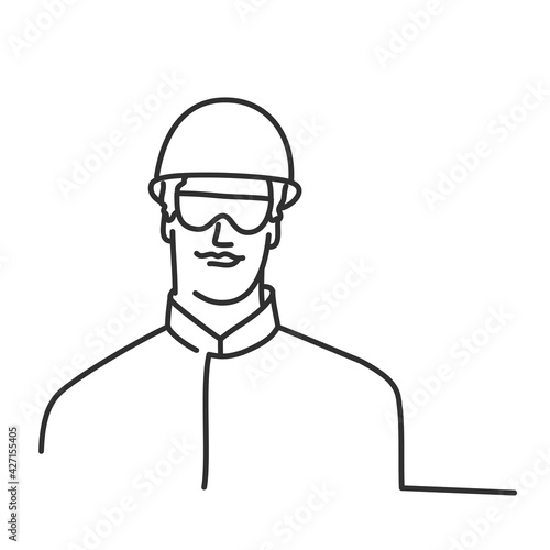 Professional builder in helmet and goggles. 