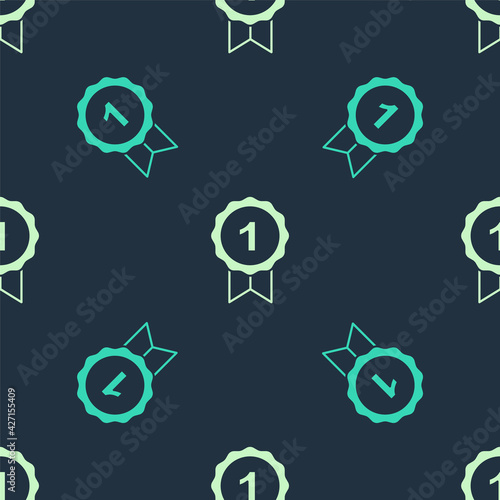 Green and beige Dog award symbol icon isolated seamless pattern on blue background. Medal with dog footprint as pets exhibition winner concept. Vector