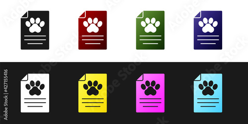 Set Clipboard with medical clinical record pet icon isolated on black and white background. Health insurance form. Medical check marks report. Vector
