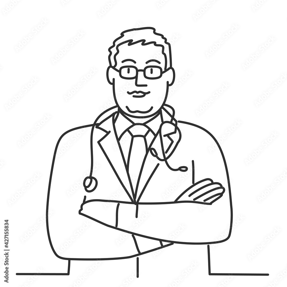 Elderly doctor with glasses is standing with arms crossed.