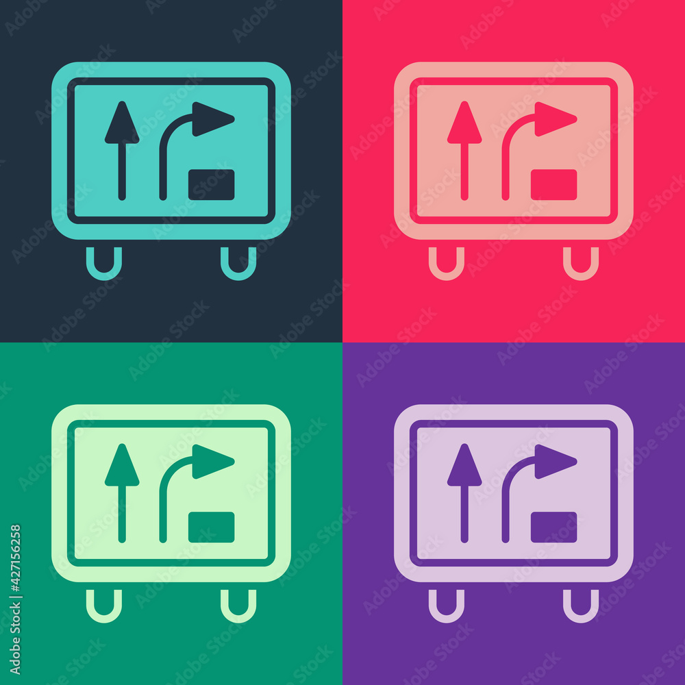Pop art Road traffic sign. Signpost icon isolated on color background. Pointer symbol. Isolated street information sign. Direction sign. Vector Pop art Road traffic sign. Signpost icon isolated on color background. Pointer symbol. Isolated street information sign. Direction sign. Vector