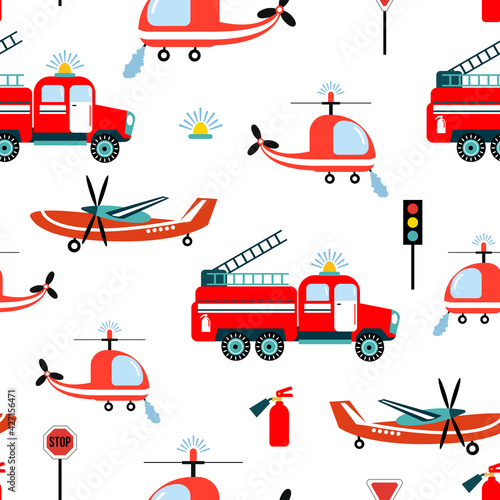 Seamless pattern with fire trucks, helicopter, airplane. Design for fabrics, textiles, wallpaper, packaging, children's room decoration.	