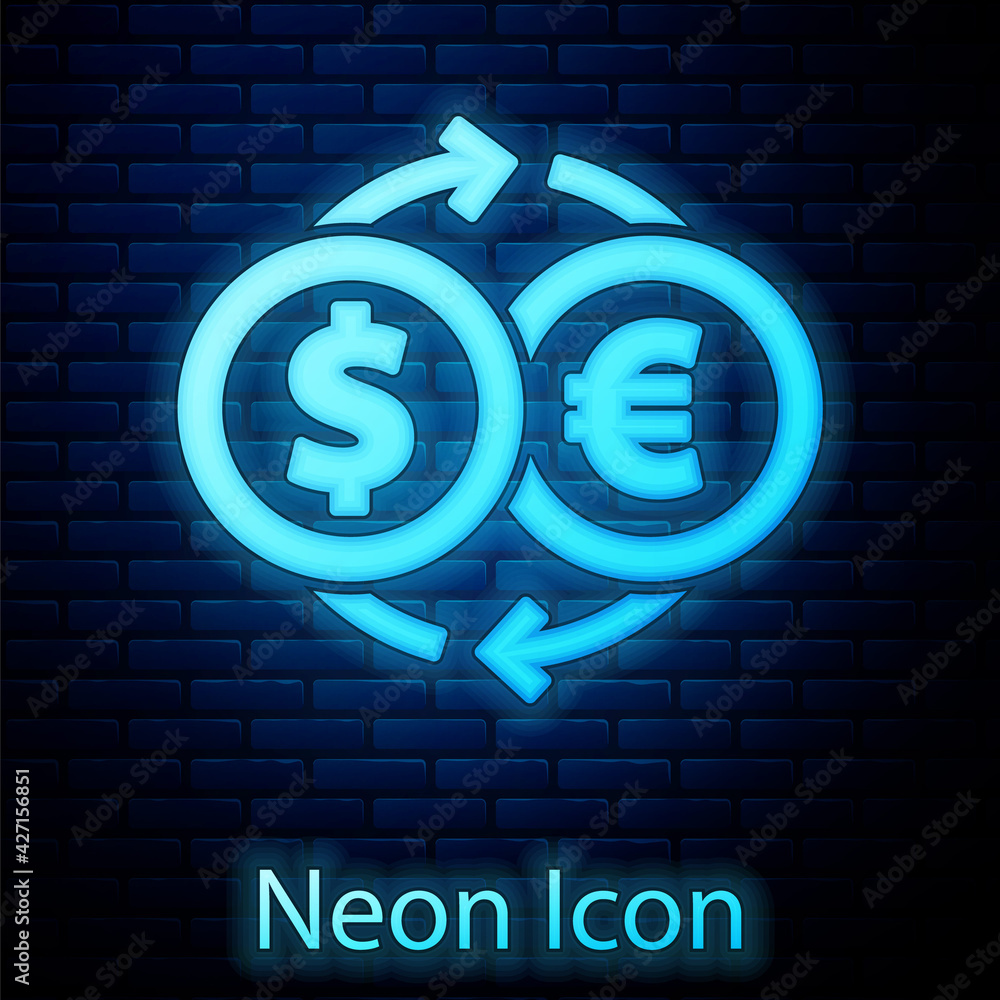 Glowing neon Money exchange icon isolated on brick wall background. Euro and Dollar cash transfer symbol. Banking currency sign. Vector Glowing neon Money exchange icon isolated on brick wall background. Euro and Dollar cash transfer symbol. Banking currency sign. Vector
