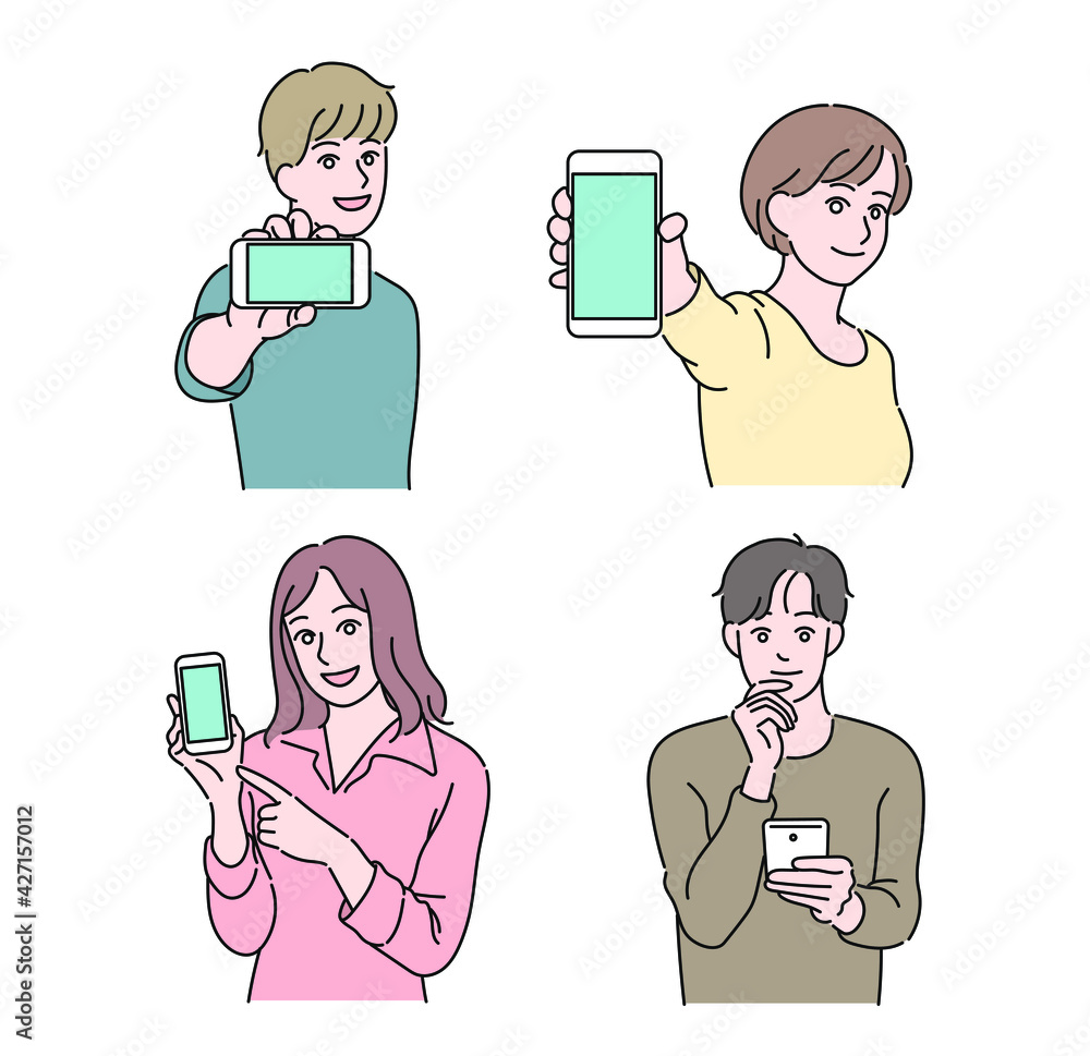 People holding cell phones. hand drawn style vector design illustrations. People holding cell phones. hand drawn style vector design illustrations.