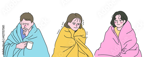 Cold patients wearing blankets. hand drawn style vector design illustrations. 