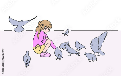 The girl and the pigeons in the park. hand drawn style vector design illustrations. 