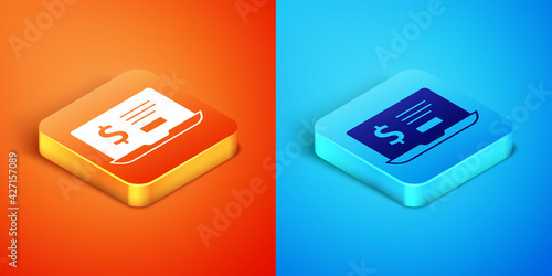 Isometric Laptop with dollar icon isolated on orange and blue background. Sending money around the world, money transfer, online banking, financial transaction. Vector