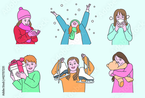 Winter and exciting children. hand drawn style vector design illustrations. 