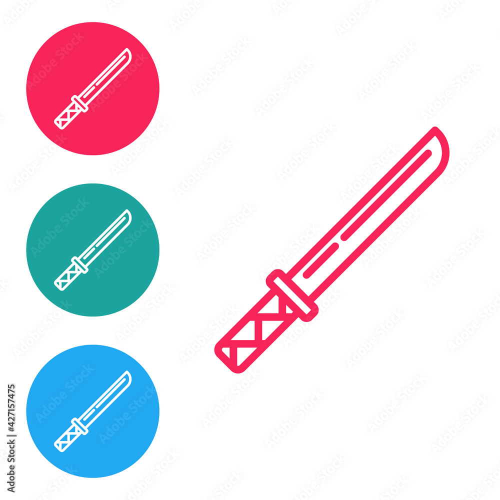 Red line Traditional Japanese katana icon isolated on white background. Japanese sword. Set icons in circle buttons. Vector Red line Traditional Japanese katana icon isolated on white background. Japanese sword. Set icons in circle buttons. Vector