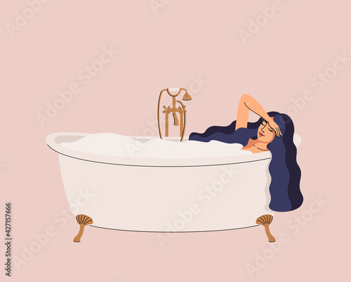 Vector illustration of beautiful woman lies in a classic bath on legs on a light pink background