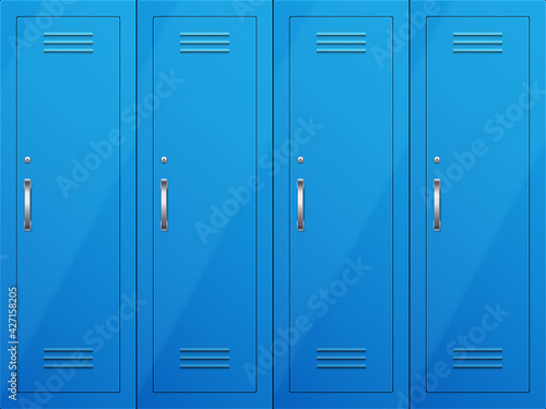 Gym lockers. Blue cabinets in gym room. © VITAMIN
