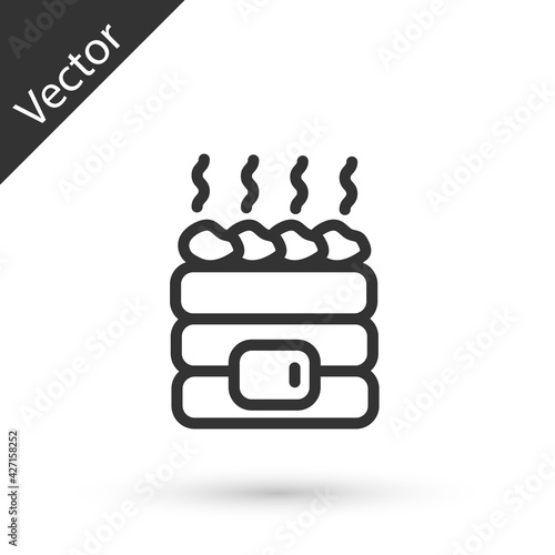 Grey line Hot sauna stones icon isolated on white background. Spa resort recreation, bathhouse relaxation. Hot stones on electric heater. Vector