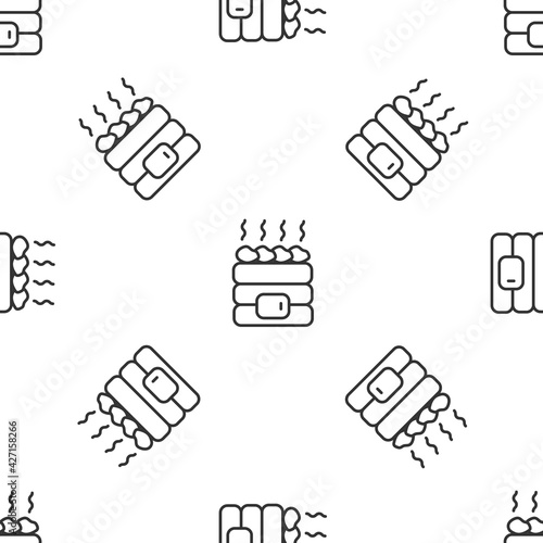 Grey line Hot sauna stones icon isolated seamless pattern on white background. Spa resort recreation, bathhouse relaxation. Hot stones on electric heater. Vector