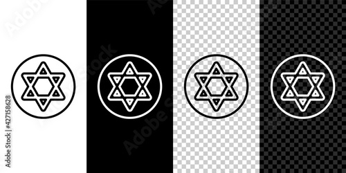 Set line Star of David icon isolated on black and white,transparent background. Jewish religion symbol. Symbol of Israel. Vector