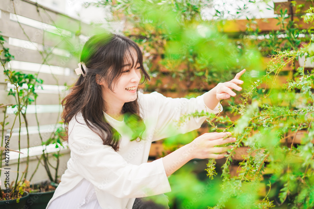家でガーデニングをする若い女性 家でガーデニングをする若い女性
