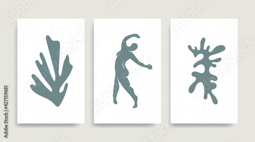 Contemporary Henri Matisse abstract vector poster. Woman nude figure dancing silhouette line art Matisse painting. Pastel reproduction of painting. Geometric shape collage.