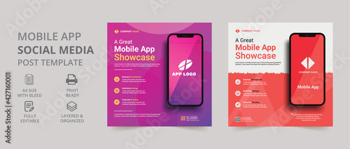 Mobile app promotion social media post banner template design. social media post template. poster, flyer, brochure, leaflet, banner.