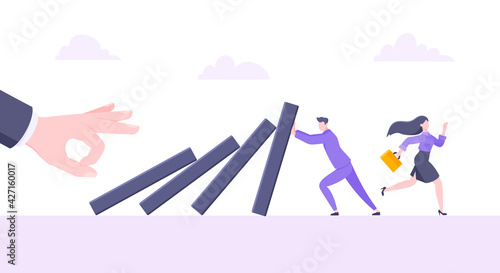 Business resilience or domino effect metaphor vector illustration. Giant hand starts chain reaction of falling domino line and businessman trying to stop it. Problem solving stopping chain reaction.