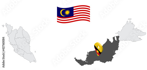 Location of State Sarawak on map Malaysia. 3d  State Sarawak flag map marker location pin. Quality map with States of Malaysia for your web site design, app, UI. EPS10. photo