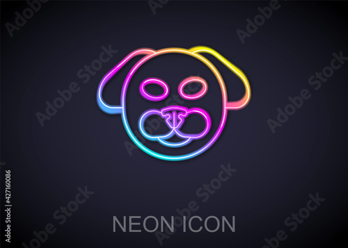 Glowing neon line Dog icon isolated on black background. Vector
