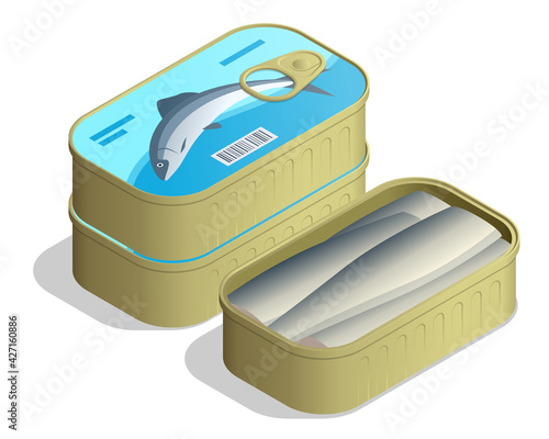 Isometric Can of sardines. Canned sardine cans stacked in a pile, with an open isolated on white background