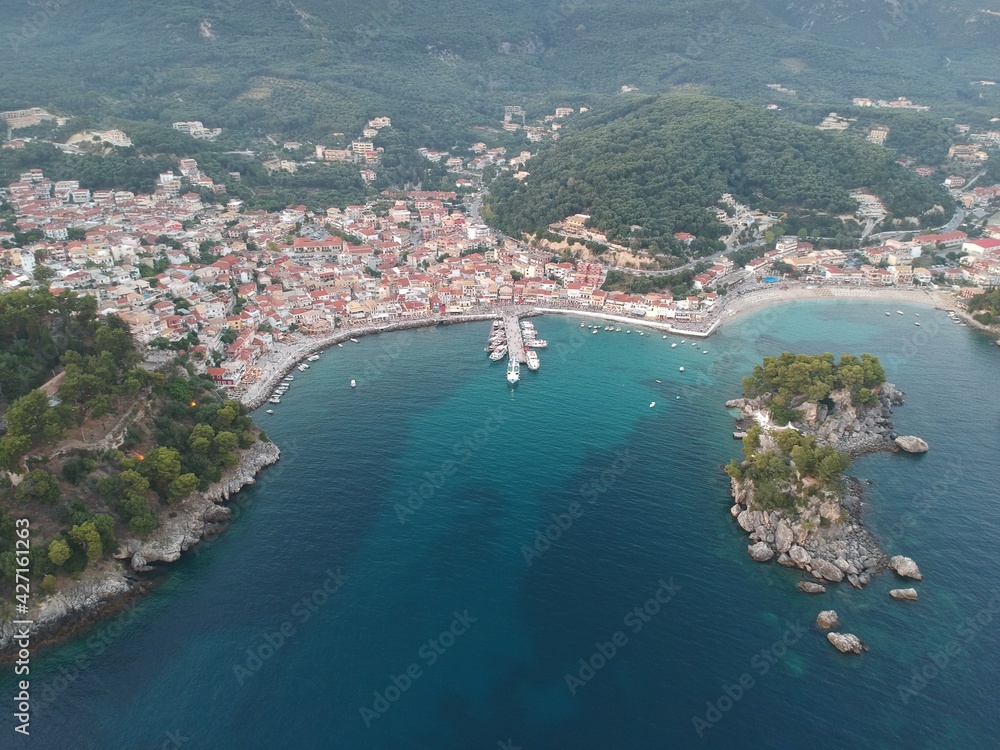 Aerial view of the famous tourist destination parga town in preveza, epirus, greece 