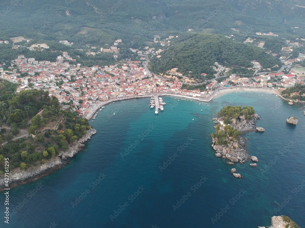 Aerial view of the famous tourist destination parga town in preveza, epirus, greece 