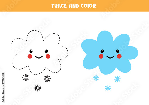 Trace and color kawaii snowy cloud. Worksheet for kids.