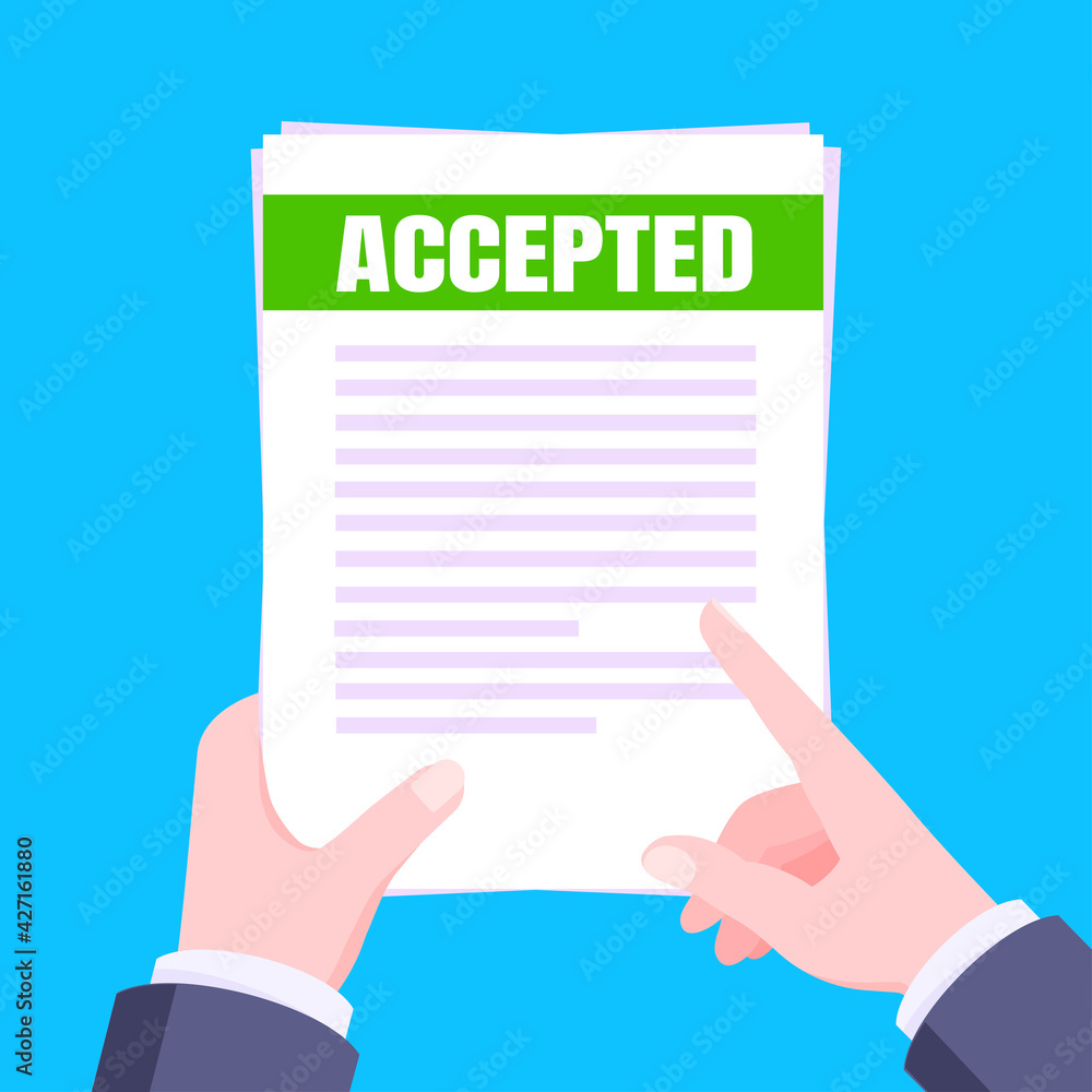 College or university acceptance mail with envelope and paper sheets document email. Job employment offer, college acceptance success or business email form flat style design vector illustration. College or university acceptance mail with envelope and paper sheets document email. Job employment offer, college acceptance success or business email form flat style design vector illustration.