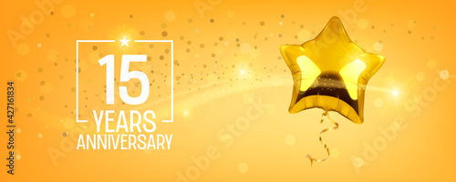 15 years anniversary vector logo, icon. Graphic symbol with golden air balloon