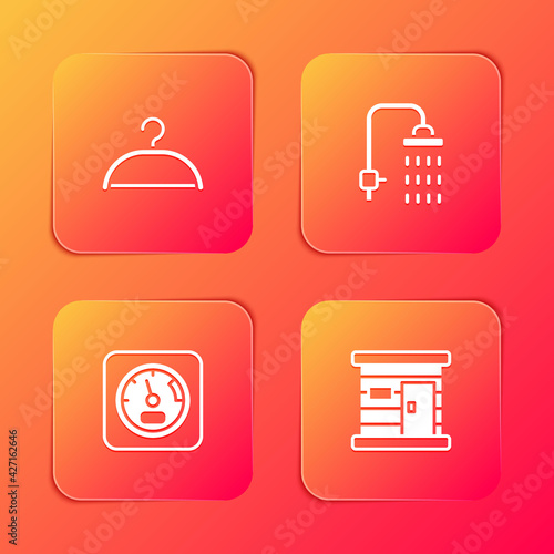 Set Hanger wardrobe, Shower, Sauna thermometer and wooden bathhouse icon. Vector