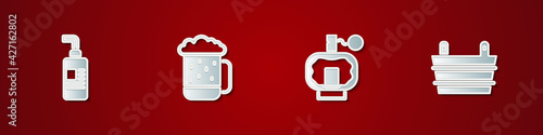 Set Cream or lotion cosmetic tube, Wooden beer mug, Aftershave and Sauna bucket icon. Vector