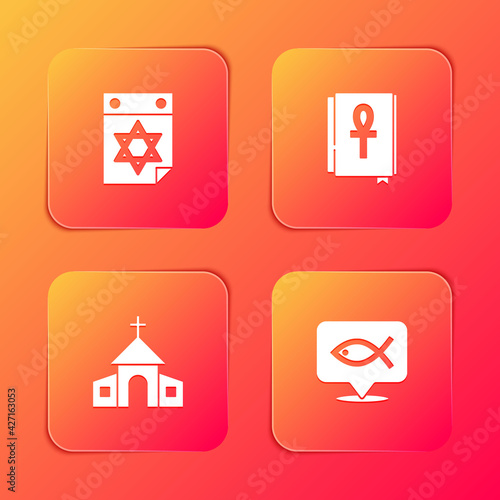 Set Jewish calendar, Cross ankh book, Church building and Christian fish icon. Vector