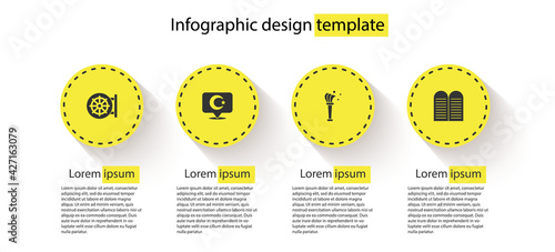 Set Dharma wheel, Star and crescent, Aspergillum and The commandments. Business infographic template. Vector