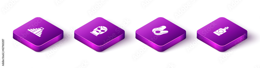 Set Isometric Chichen Itza in Mayan, Mexican wrestler, Avocado fruit and Tequila bottle icon. Vector Set Isometric Chichen Itza in Mayan, Mexican wrestler, Avocado fruit and Tequila bottle icon. Vector