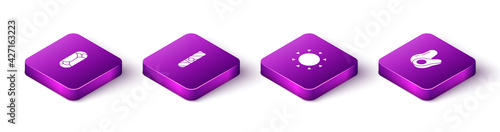 Set Isometric Burrito, Cigar, Sun and Avocado fruit icon. Vector