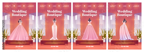 Wedding boutique posters with luxury bride dresses and accessories. Flyers of bridal store for women. Vector cartoon illustration of wedding salon with mannequins in female gowns, mirror and flowers