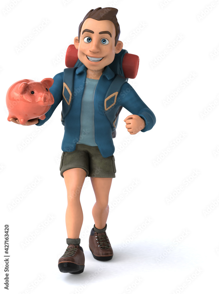 Fun illustration of a 3D cartoon backpacker