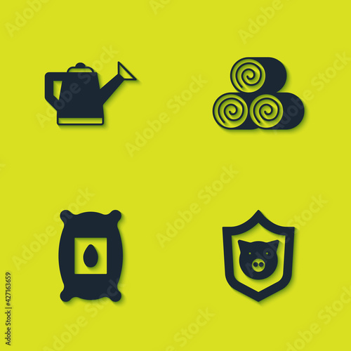 Set Watering can, Shield with pig, Pack full of seeds of plant and Roll hay icon. Vector